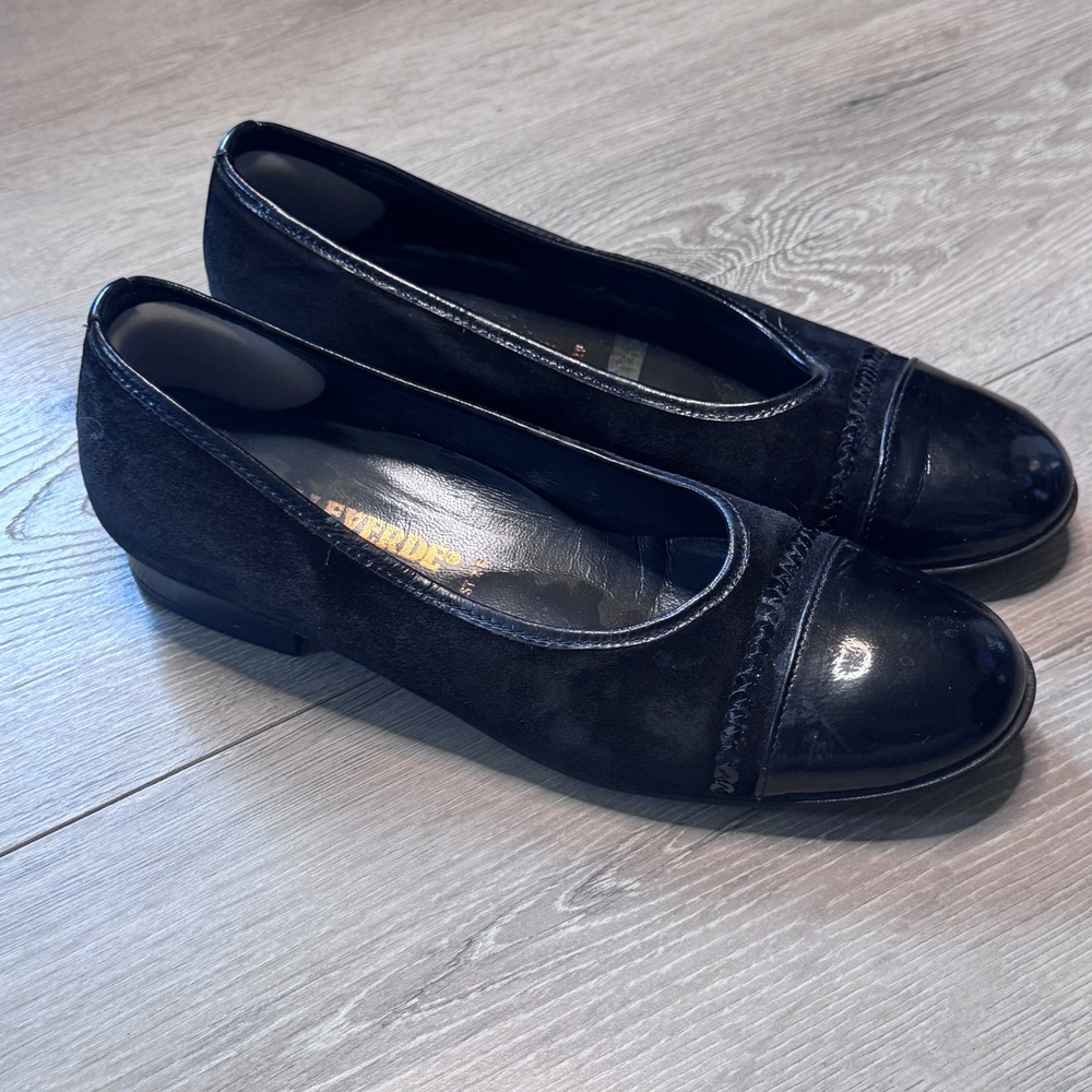 Valleverde Moda‎ Comoda Black Suede Patent Cap Toe Flats Italy 38 fits like 8